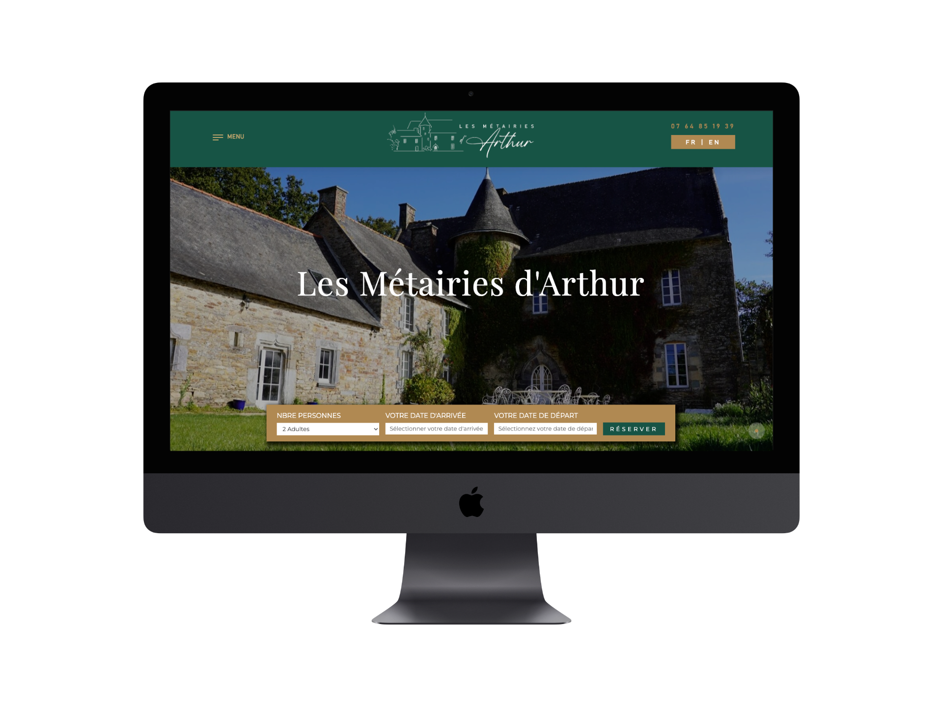 Webdesign de la home page (hero) du site web des Métairies d'arthur