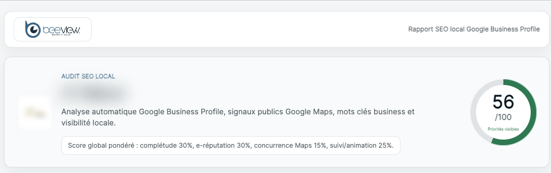 Résulat de votre audit de fiche avec un score de performance sur 100
