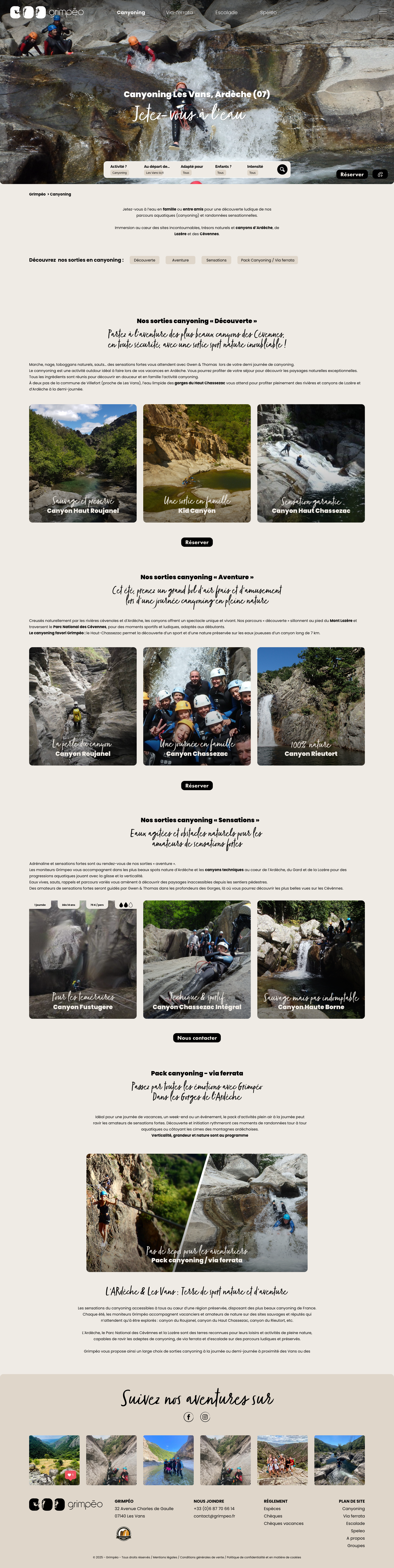 Webdesign page des activités canyoning de Grimpéo